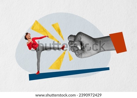 Creative abstract template collage of strong female fighting against sexism hand fist kick leg weird freak bizarre unusual fantasy Royalty-Free Stock Photo #2390972429