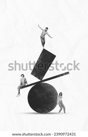 Vertical collage template of funny man on top balance during girls holding primitive geometrical construction isolated on white background