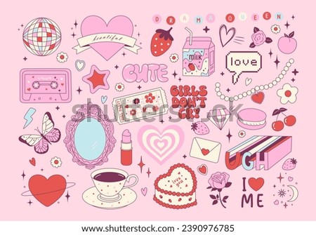 Set of y2k pink girly clipart. Cute cake, milk, rose flower, strawberry, cassette, vintage mirror. Coquette trendy decor. 2000s aesthetic. Glamour vector elements for card, poster, collage design. Royalty-Free Stock Photo #2390976785