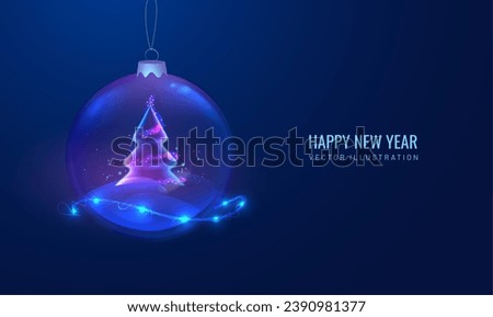 Christmas ball toy in technological style. Futuristic cyber Happy New Year greeting card. Winter holiday background