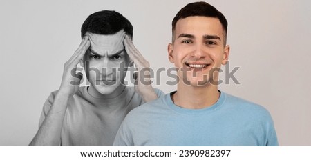 Mental Problems. Young Man Expressing Different Emotions, Felling Happy And Sad, Creative Collage With Millennial Guy Suffering Mood Swings, Having Bipolar Disorder, Creative Collage, Panorama Royalty-Free Stock Photo #2390982397