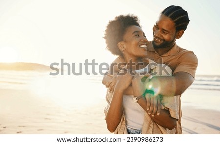 Smile, hug and couple at the beach at sunset for travel, romance and relax in nature together. Love, freedom and happy man with black woman at sea embrace, connect and enjoy ocean adventure in Miami