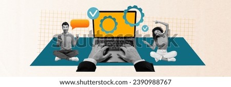 Creative collage of mini black white colors people use smart phone dialogue bubble point finger big netbook arms typing cogwheel gear check mark