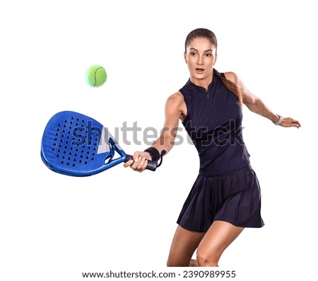 Padel tennis player with racket on tournament isolated on white background. Girl athlete with paddle racket on court with neon colors. Sport concept Royalty-Free Stock Photo #2390989955