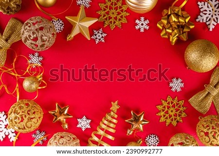 Golden Christmas and New Year baubles, decorations, numbers 2024 on red background, Bright Xmas New Year party invitation, greeting card background top view copy space