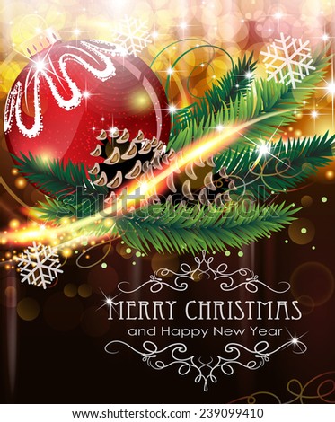 Abstract holiday background with sparkles, Christmas ball and fir branches