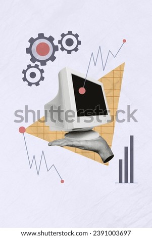 Vertical creative photo composite collage of palm hold small retro computer monitor develop programm isolated on drawing background Royalty-Free Stock Photo #2391003697