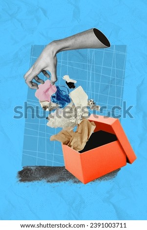 Picture banner collage of human arm sorting rubbish throwing in carton box isolated on drawing background