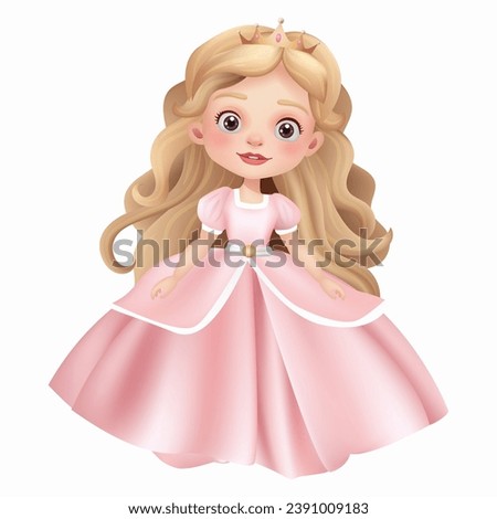 3D illustration of a cute princess doll with a beautiful dress, crown, and beautiful face. Magical princess, perfect for fairy tale themes. The character is isolated Not AI generated. Royalty-Free Stock Photo #2391009183
