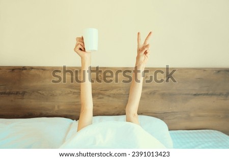 Cheerful lazy woman waking up after sleeping lying in soft comfortable bed showing empty cup coffee stretching her hands up from under the blanket in bedroom at home Royalty-Free Stock Photo #2391013423