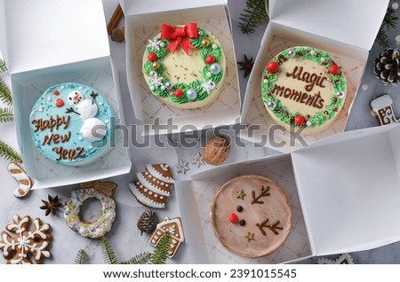 Christmas Cakes, Festive Bento Cakes, New Year Dessert on Bright Background
