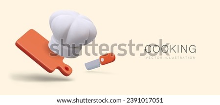 Concept of food preparation. White chef hat, knife, cutting board. Advertisement of cooking school, course, master class in cartoon style. Vector mockup of announcement, invitation Royalty-Free Stock Photo #2391017051