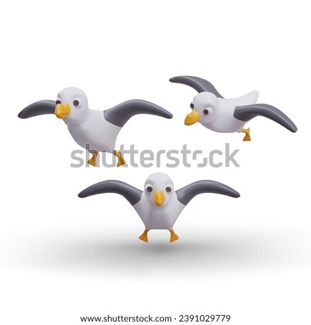 Vector realistic seagull in flight. Ocean bird with spread wings. Set of vector objects at different angles. Sea birdwatching. Isolated 3D creatures on white background