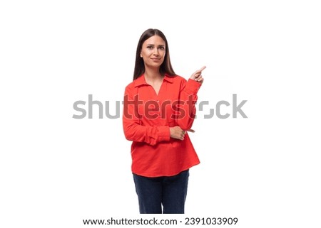 young successful brunette assistant woman dressed in a red blouse on a white background with copy space