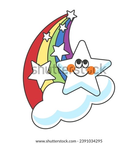 Rainbow sticker with cloud, stars and a smiley face, magic. Flat style. Vector illustration.
