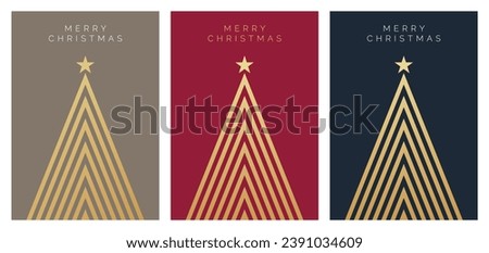 Set of Christmas Card Designs with Elegant Geometric Christmas Tree Illustration. Modern Luxury Christmas Cards with Merry Christmas Gold Text. Vector Design template.