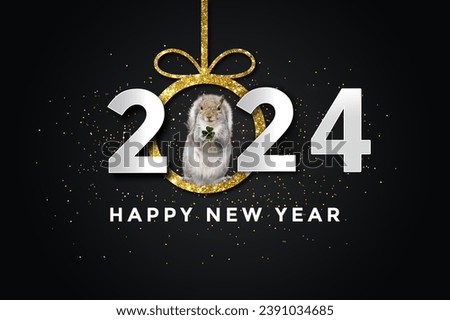 happy new year 2024 with a squirrel, black - gold background. 