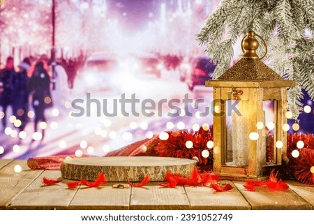 Board of free space for your decoration. Composition of lamp with candle and light. Snow flakes and frost decoration. Christmas tree and balls decoration. December cold day and christmas time. 