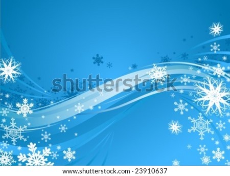 Blue christmas background with waves and snowflakes.