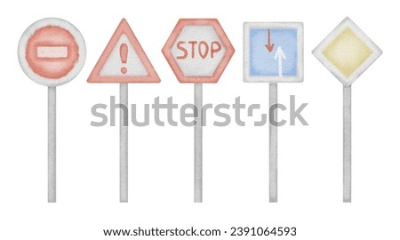 Road Sign set. Watercolor illustration of traffic signpost. Hand drawn clip art of street stop signal on isolated background. Highway code signage drawing for educational books and articles.