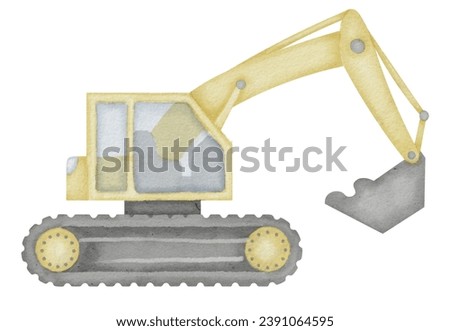 Excavator Watercolor illustration. Hand drawn clip art of baby toy yellow Digger on isolated background. Drawing of backhoe machine. Sketch of a loader truck for construction and digging.