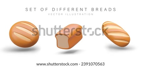 Set of realistic bread loaves of different types. Square toasted, round yeasted, oval sourdough bread. Isolated color illustrations with shadows. 3D icons for bakery, shop Royalty-Free Stock Photo #2391070563