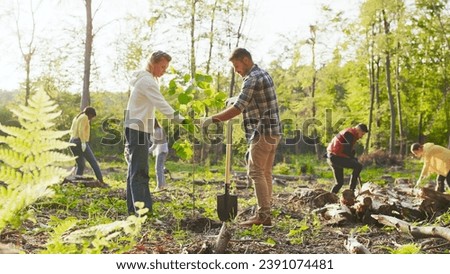 Caucasian man and woman environmental volunteers planting trees together and with multicultural people at the background. Reforestation concept Royalty-Free Stock Photo #2391074481