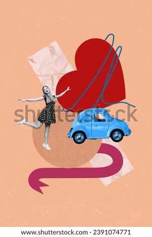 Vertical creative collage image of funny positive female car auto driving dating concept valentine day fantasy billboard comics zine