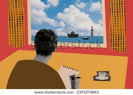 Collage 3d pinup pop sketch image of dreamy artist looking window drawing landscape scenery isolated painting background