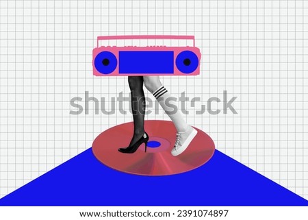 Template collage picture of nightclub discotheque boombox hipster listen music mp3 cd disc audio isolated on checkered white background