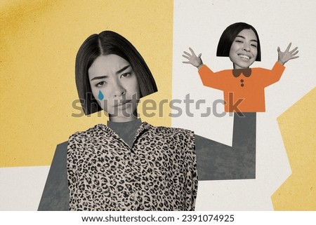 Artwork collage picture of depressed lady showing people fake happy emotion isolated drawing background