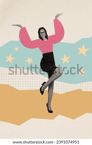 Exclusive magazine picture sketch collage of happy smiling lady having fun enjoying party isolated creative background