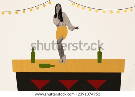 Exclusive magazine picture sketch collage image of funky carefree lady dancing bar counter isolated beige color background