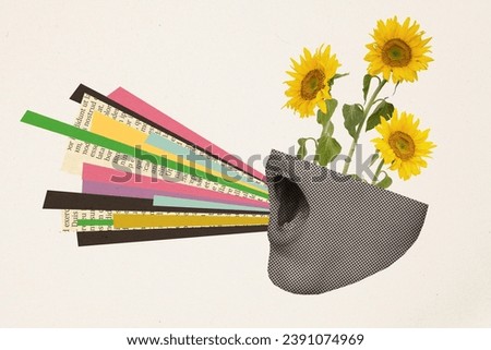 Collage artwork minimal picture of growing head flowers screaming announcement isolated white color background