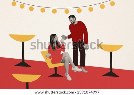 Artwork magazine collage picture of charming excited couple getting acquainted nightclub isolated drawing background