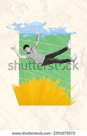 Picture collage of crazy funky man falling down flying air cooking spaghetti isolated on drawing element background