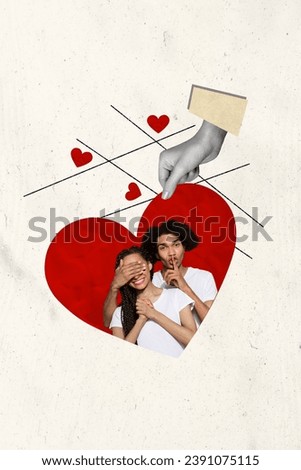 Vertical creative collage image of positive couple hold hand cover eyes surprise dating concept valentine day fantasy billboard comics zine