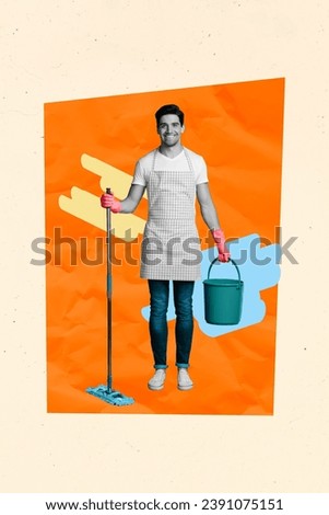 Creative abstract template collage of cleaning service worker hold mop bucket cleaner apron gloves unusual fantasy billboard comics zine