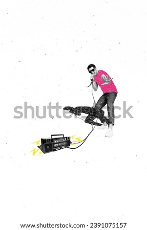 Full body collage of funny macho man dressed pink t shirt with sunglasses singing microphone listen boombox isolated on white background