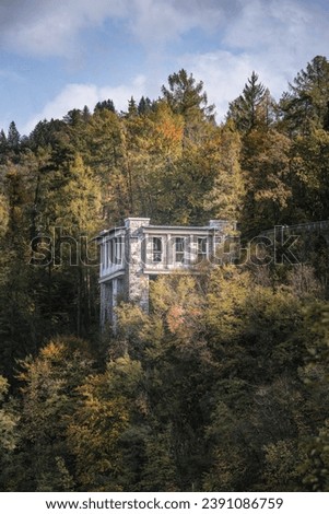 Cafe Belvedere upper terrace, Villa Bled Resort. It is former summer tea house of Marshal Tito, President of former Yugoslavia, located on shores of lake Bled. Royalty-Free Stock Photo #2391086759