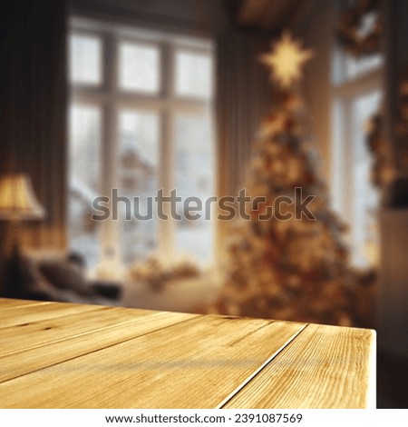 Wooden space for your decoration and Christmas tree in home interior with big window and magic moment. Mockup of december time. 