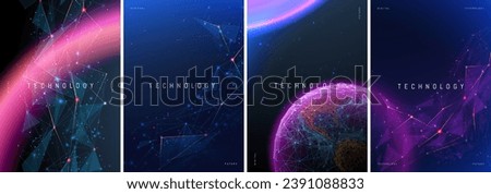 Abstract technology posters. Science future innovation concept. Space shapes and planets in blue-purple. Futuristic abstract backgrounds for book cover design. Digital low-poly fiction flyer template. Royalty-Free Stock Photo #2391088833
