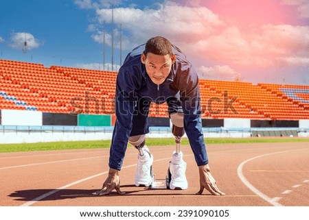 Asian para-athlete with prosthetic blades leg in stadium practicing workout for Paralympic running competition. Amputee sportsman runner practicing running workout. Disabled athlete man sport concept. Royalty-Free Stock Photo #2391090105