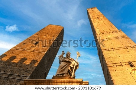Two Towers (Le Due Torri Garisenda e degli Asinelli) as symbols of medieval Bologna, Emilia-Romagna, Italy Royalty-Free Stock Photo #2391101679