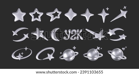 3d chrome stars and planets set in y2k, futuristic style on dark background. Render 3d cyber chrome galaxy emoji with falling star, planet, bling, spark, moon, hearts. 3d vector y2k illustration Royalty-Free Stock Photo #2391103655
