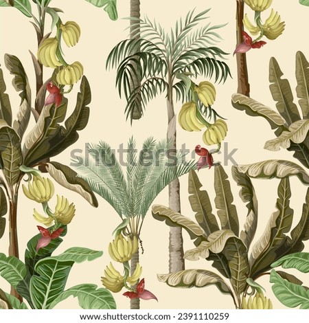 Seamless pattern with banana fruits and leaves. Vector