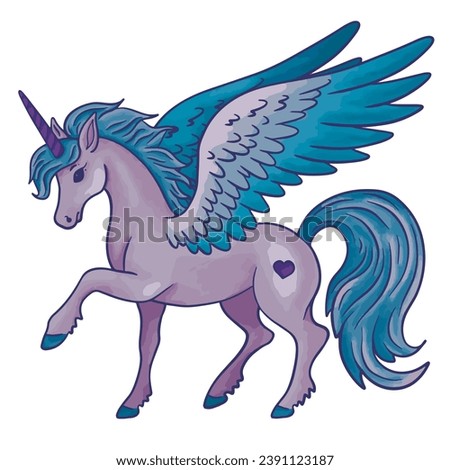 Cartooned vector illustration ready to print: cute fluffy pegas unicorn, children character
