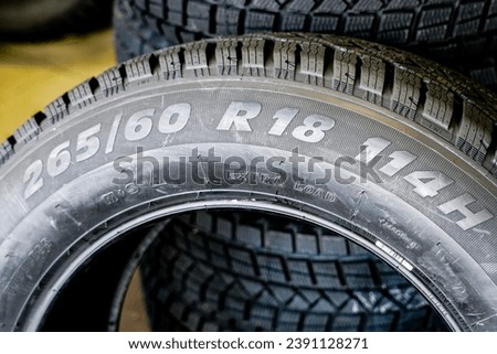 Tire side view with indication of tire width and height, wheel diameter, speed and load limit codes Royalty-Free Stock Photo #2391128271