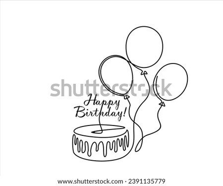 Continuous line drawing of birthday cake and balloons. Cake with sweet cream and a candle. Birthday celebration concept isolated on white background. Hand drawn design vector illustration