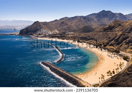 Top view of Las Teresitas beach with yellow sand. Near the city of Santa Cruz de Tenerife, Tenerife, Canary Islands.